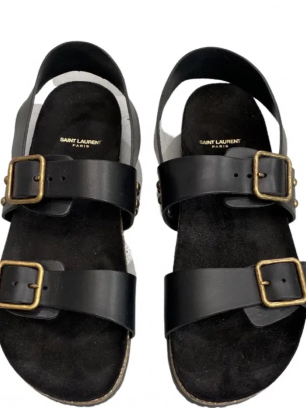 Saint Laurent Black Leather Triple Buckle Sandals with Gold Hardware